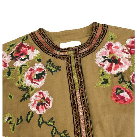 Anthropologie Needlepoint Floral Bomber Jacket Size 2XS Petite Khaki Beige Twill - Picture 4 of 7